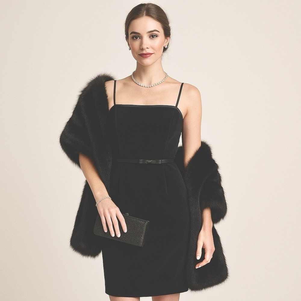 VTG Little Black Dress Velvet Midi Dress Sz 6 Hong Kong Satin Trim Cocktail 90s